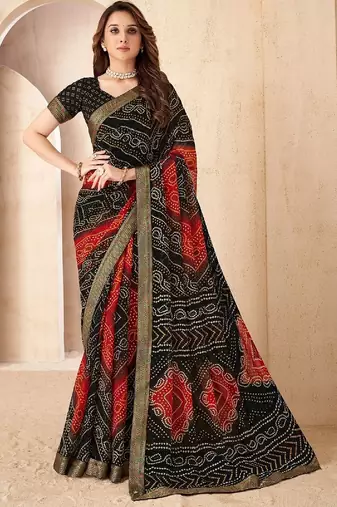 black red chiffon bandhani double shaded printed saree with blouse 