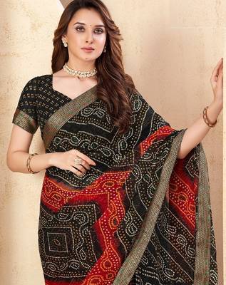 black red chiffon bandhani double shaded printed saree with blouse  2