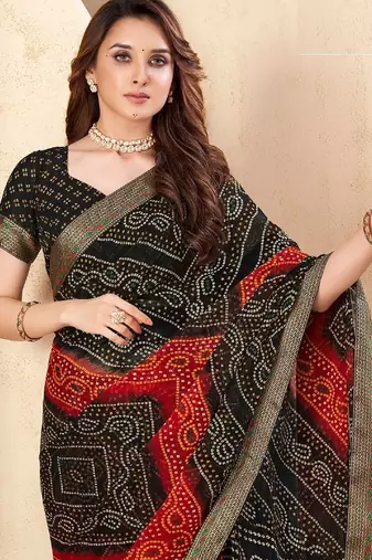 black red chiffon bandhani double shaded printed saree with blouse 