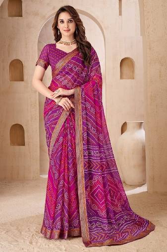 purple pink chiffon bandhani double shaded printed saree with blouse 