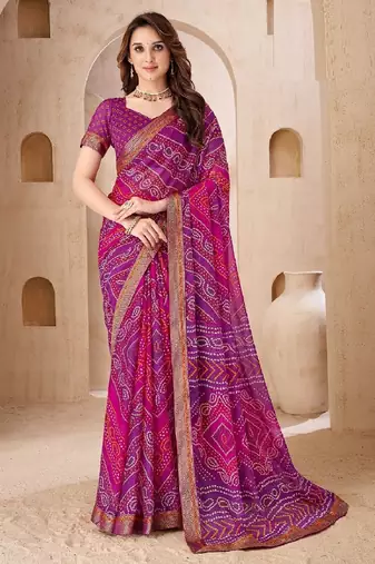 purple pink chiffon bandhani double shaded printed saree with blouse 