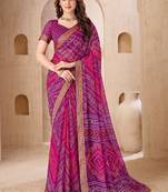 purple pink chiffon bandhani double shaded printed saree with blouse 