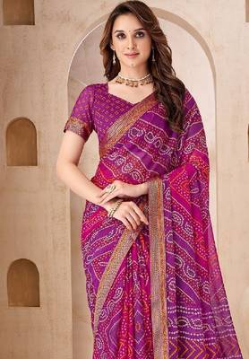 purple pink chiffon bandhani double shaded printed saree with blouse  2