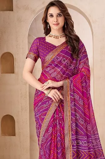 purple pink chiffon bandhani double shaded printed saree with blouse 
