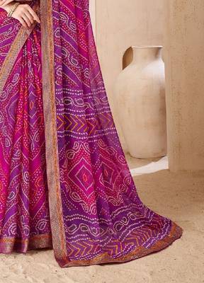 purple pink chiffon bandhani double shaded printed saree with blouse  3