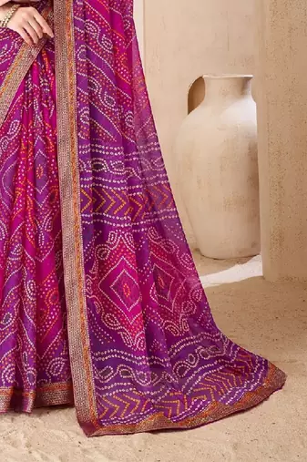 purple pink chiffon bandhani double shaded printed saree with blouse 