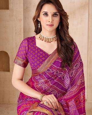 purple pink chiffon bandhani double shaded printed saree with blouse  4