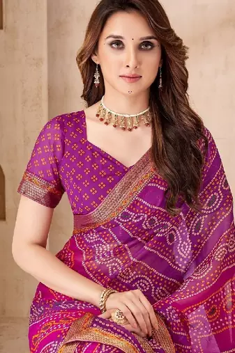 purple pink chiffon bandhani double shaded printed saree with blouse 