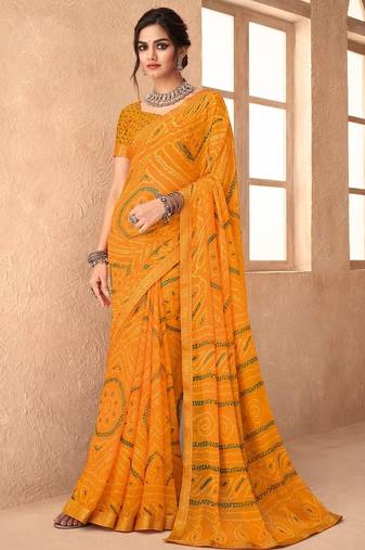 yellow chiffon bandhani geometric printed saree with blouse 