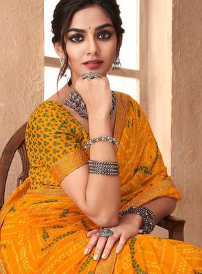 yellow chiffon bandhani geometric printed saree with blouse  2