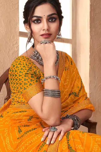 yellow chiffon bandhani geometric printed saree with blouse 