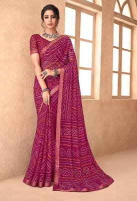 magenta chiffon bandhani geometric printed saree with blouse  1