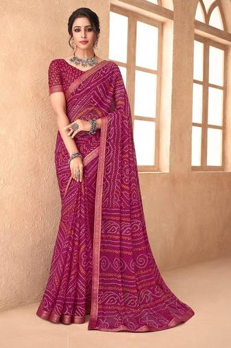 magenta chiffon bandhani geometric printed saree with blouse 