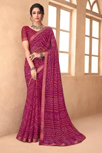 magenta chiffon bandhani geometric printed saree with blouse 
