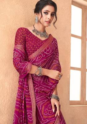 magenta chiffon bandhani geometric printed saree with blouse  2