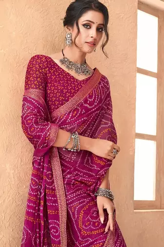 magenta chiffon bandhani geometric printed saree with blouse 