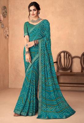 turquoise green chiffon bandhani geometric printed saree with blouse  1