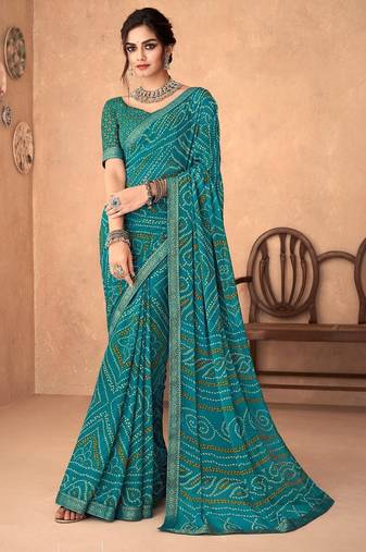 turquoise green chiffon bandhani geometric printed saree with blouse 