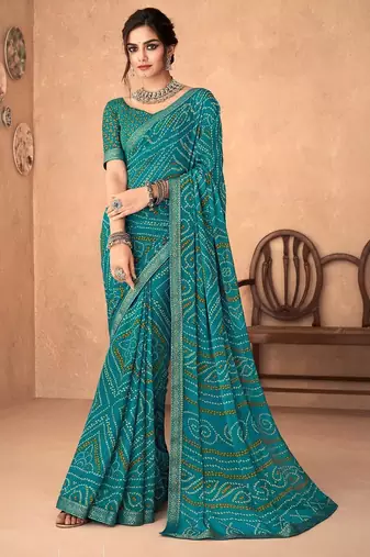 turquoise green chiffon bandhani geometric printed saree with blouse 