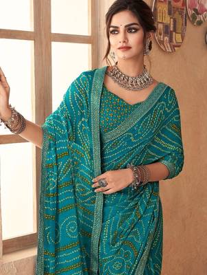 turquoise green chiffon bandhani geometric printed saree with blouse  2