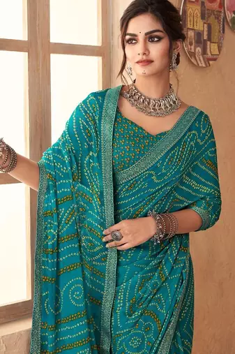 turquoise green chiffon bandhani geometric printed saree with blouse 