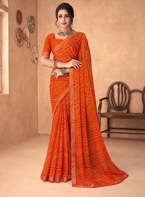 orange chiffon bandhani geometric printed saree with blouse  1