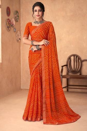 orange chiffon bandhani geometric printed saree with blouse 