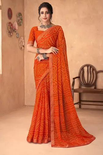 orange chiffon bandhani geometric printed saree with blouse 