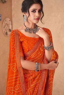 orange chiffon bandhani geometric printed saree with blouse  2