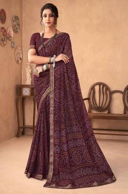 wine chiffon bandhani geometric printed saree with blouse  1