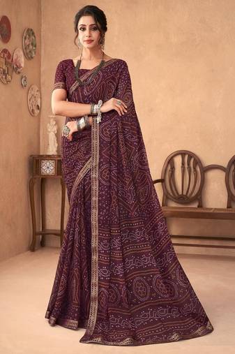 wine chiffon bandhani geometric printed saree with blouse 