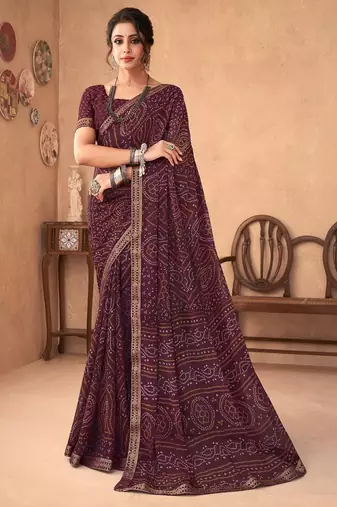 wine chiffon bandhani geometric printed saree with blouse 