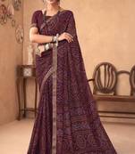 wine chiffon bandhani geometric printed saree with blouse 