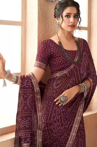 wine chiffon bandhani geometric printed saree with blouse 