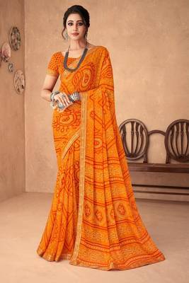 mustard orange chiffon bandhani geometric printed saree with blouse  1