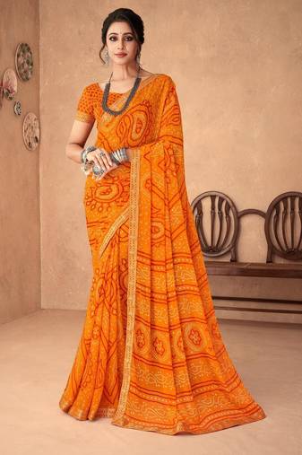 mustard orange chiffon bandhani geometric printed saree with blouse 