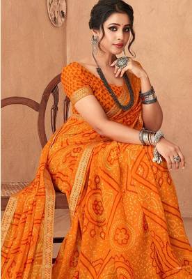 mustard orange chiffon bandhani geometric printed saree with blouse  2