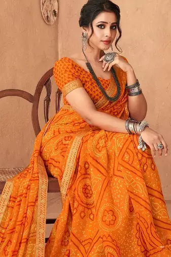 mustard orange chiffon bandhani geometric printed saree with blouse 
