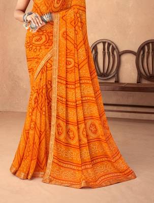 mustard orange chiffon bandhani geometric printed saree with blouse  3