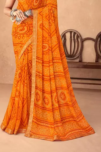 mustard orange chiffon bandhani geometric printed saree with blouse 