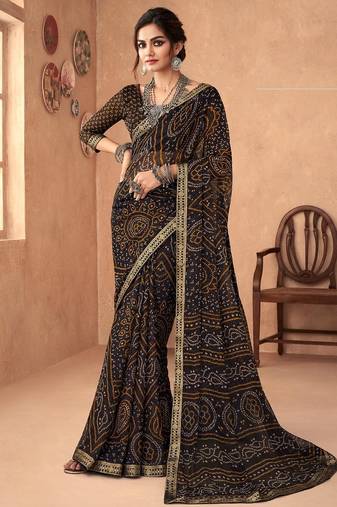 black chiffon bandhani geometric printed saree with blouse 