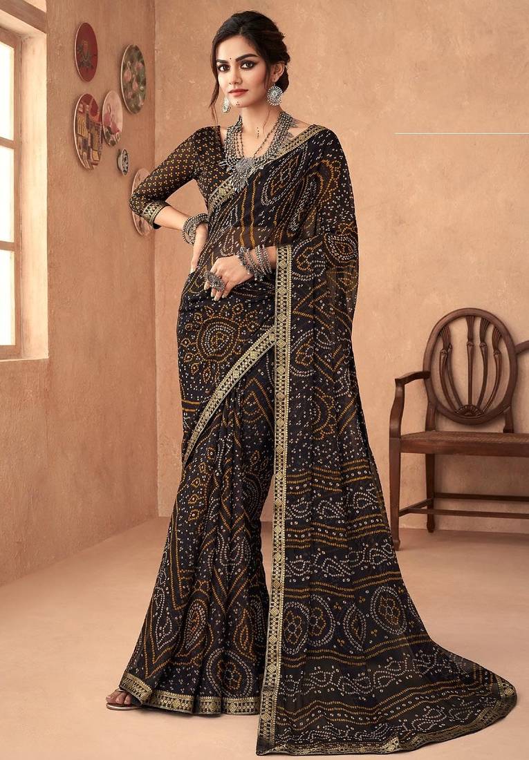 black chiffon bandhani geometric printed saree with blouse 