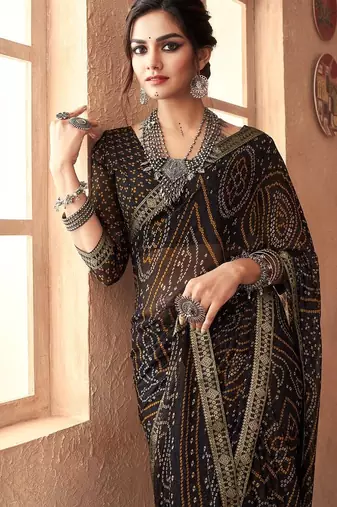 black chiffon bandhani geometric printed saree with blouse 