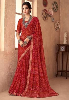 red chiffon bandhani geometric printed saree with blouse  1