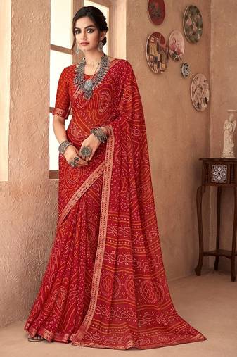 red chiffon bandhani geometric printed saree with blouse 