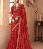 red chiffon bandhani geometric printed saree with blouse 