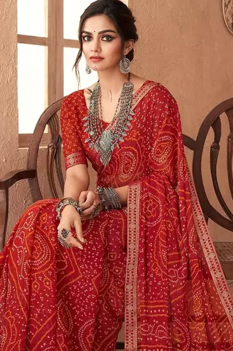 red chiffon bandhani geometric printed saree with blouse 