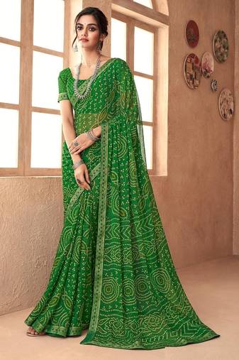 green chiffon bandhani geometric printed saree with blouse 