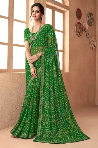 green chiffon bandhani geometric printed saree with blouse 
