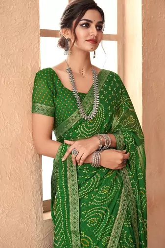 green chiffon bandhani geometric printed saree with blouse 